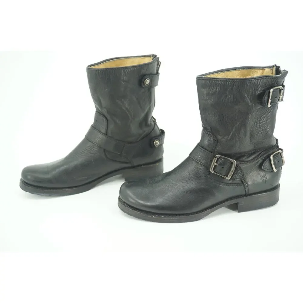 Frye Veronica Shortie Black Leather Biker Boots size 7.5 Slouchy Buckle